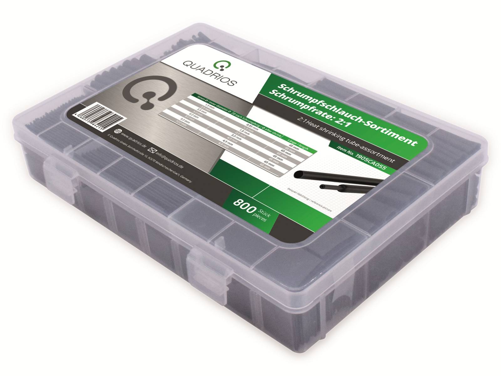 QUADRIOS Schrumpfschlauch Set Sortiment 1905CA055, Industriequalität 2:1, 800 Stück