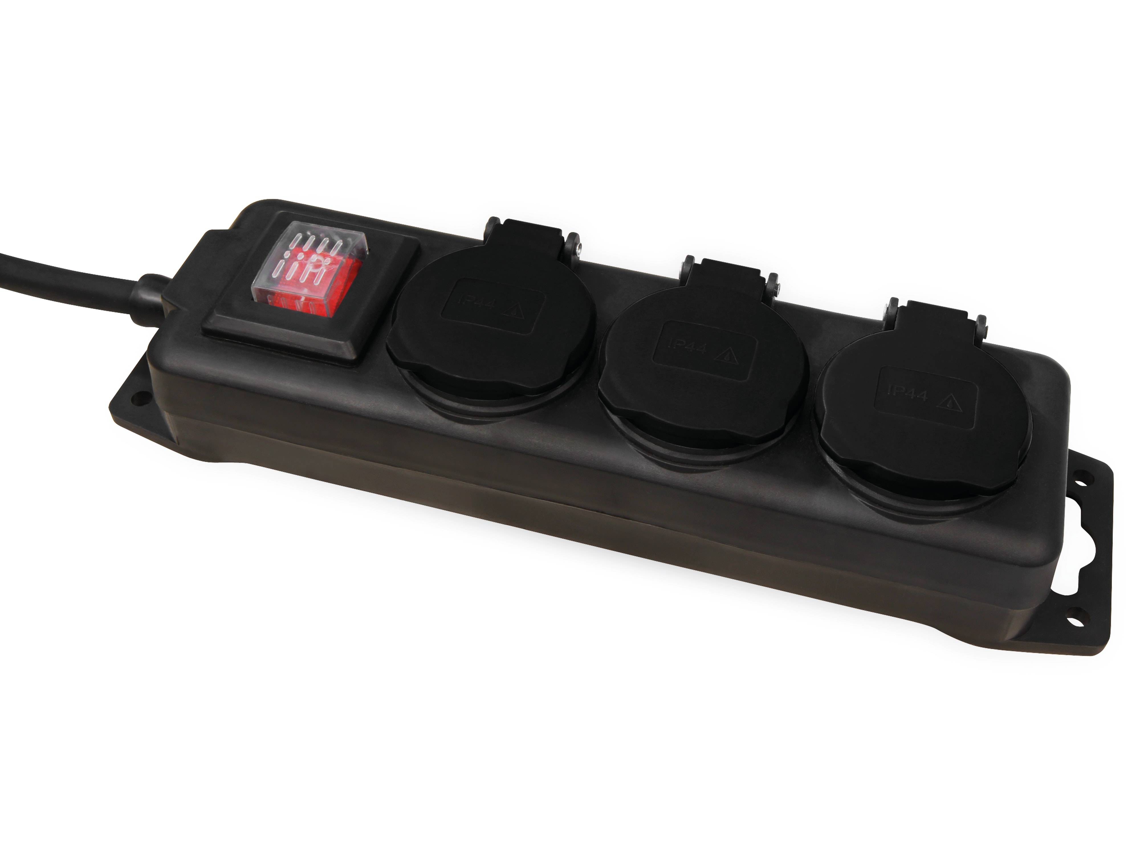 Eine schwarze Steckerleiste mit Ein-/Ausschalter und drei abgedeckten Steckdosen, entworfen für elektrische Sicherheit und effiziente Stromverteilung.