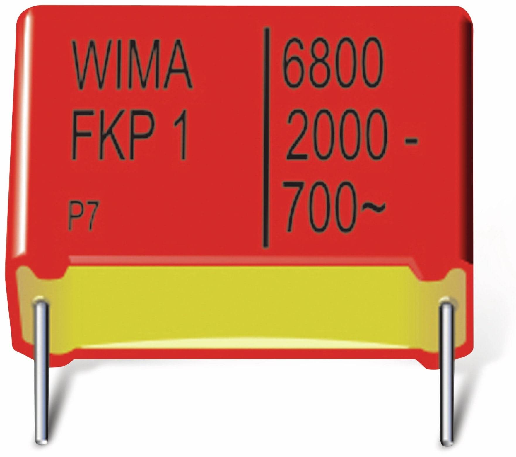 Ein roter und gelber Kondensator mit der Markierung 'WIMA FKP 1', mit den Spezifikationen '6800', '2000-' und '700~', ausgestattet mit zwei Metallanschlüssen.
