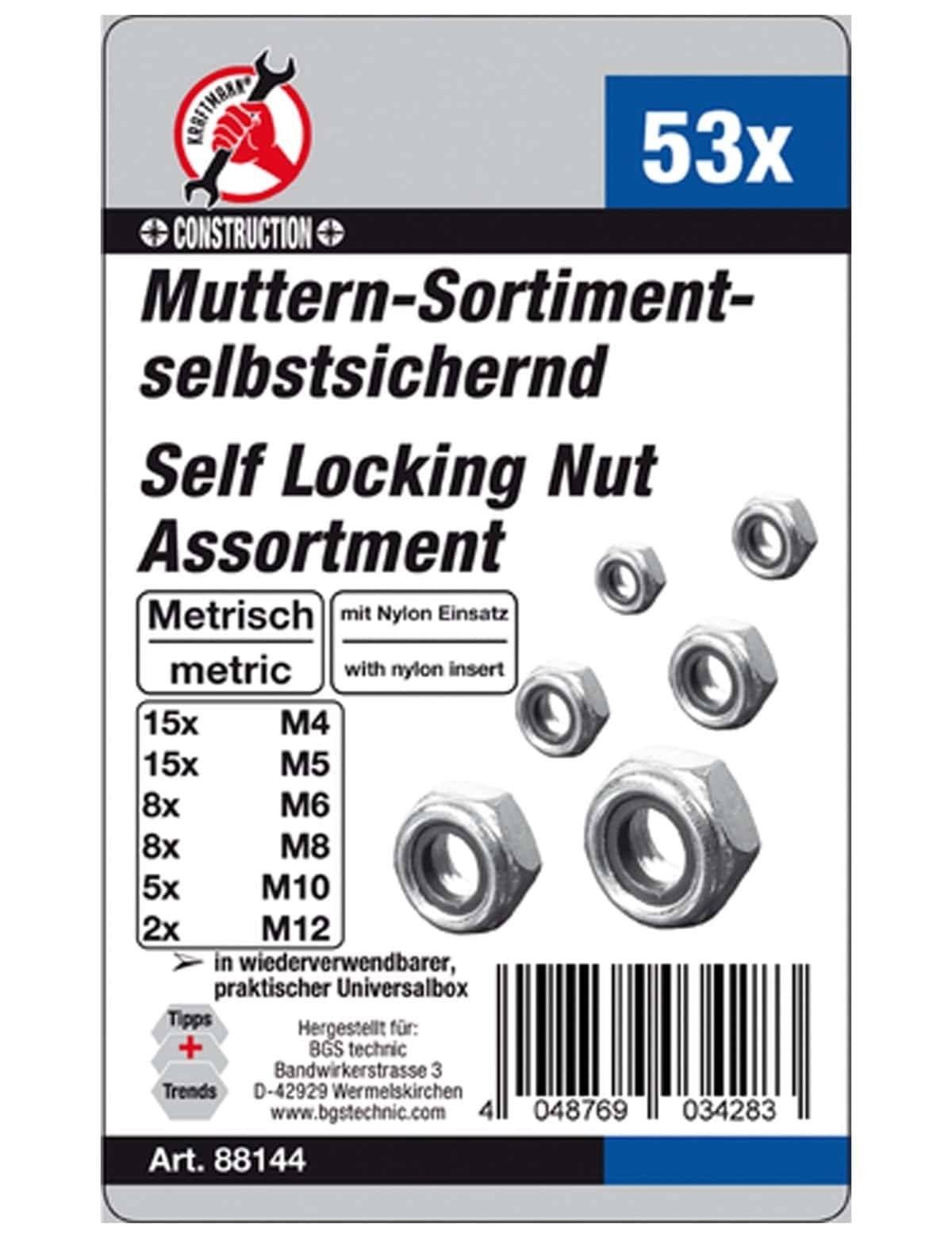 BGS TECHNIC Muttern-Sortiment 88144, selbstsichernd, metrisch M4 - M12, 53-tlg.