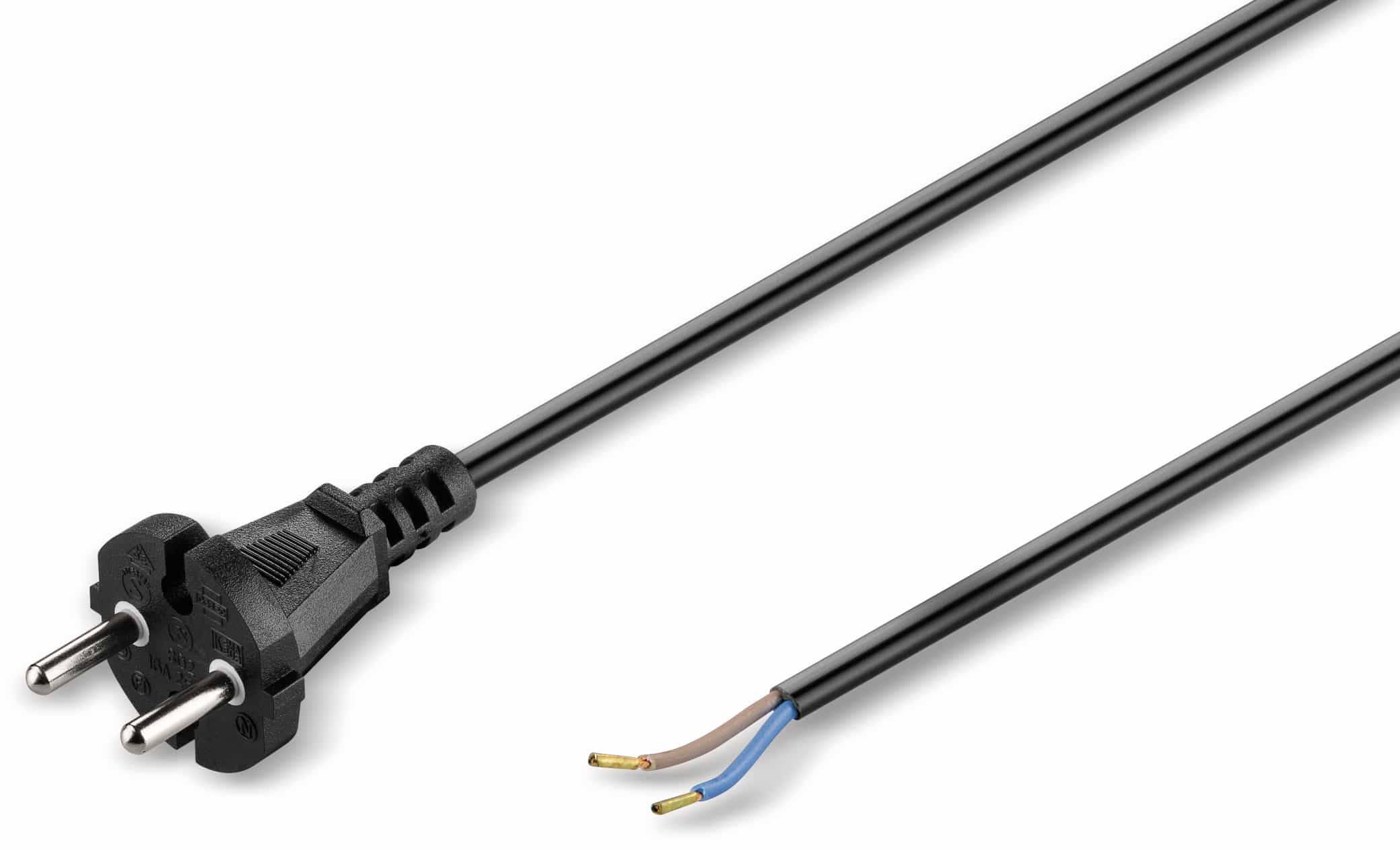 Ein schwarzes Stromkabel mit einem Stecker an einem Ende und abgedeckten Drähten mit bloßliegenden Kupferspitzen am anderen Ende, bereit zum Anschluss.