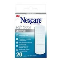 Packung mit 3M Nexcare Soft Touch universellen Haftverbänden, mit einem weißen Verband und '20er' Anzahl auf der Schachtel.
