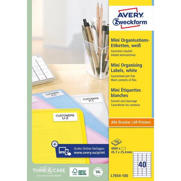 Verpackung für Avery Zweckform Mini-Organisationsetiketten, weiß, mit beschrifteten Registerleitern und Etikettengröße 45,7 x 25,4 mm, 4000 Etiketten.