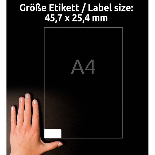 A4-Blatt mit einem kleinen weißen Etikett unten links; Text besagt „Größe Etikett / Label size: 45,7 x 25,4 mm