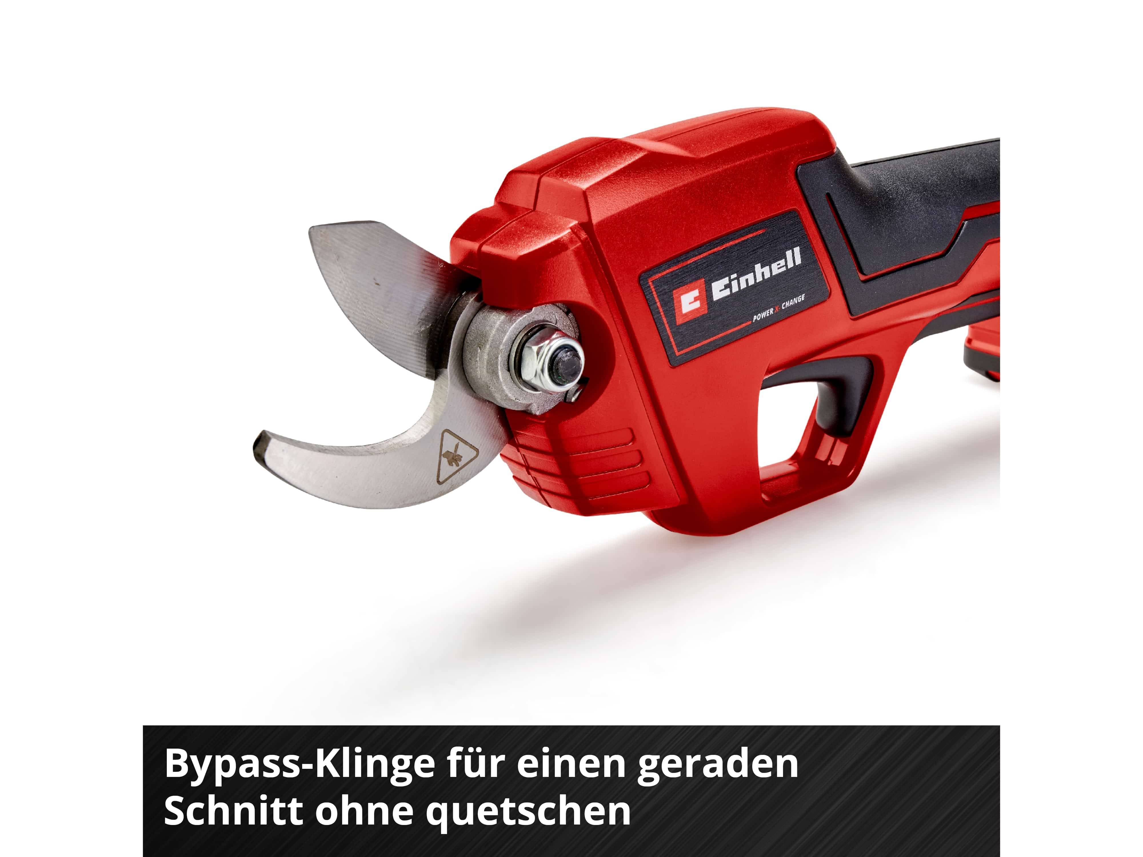 Einhell' Marken-Gartenschere mit Bypass-Klinge in Rot, seitliche Ansicht gezeigt. Der Text darunter lautet 'Bypass-Klinge für einen geraden Schnitt ohne Quetschen'.