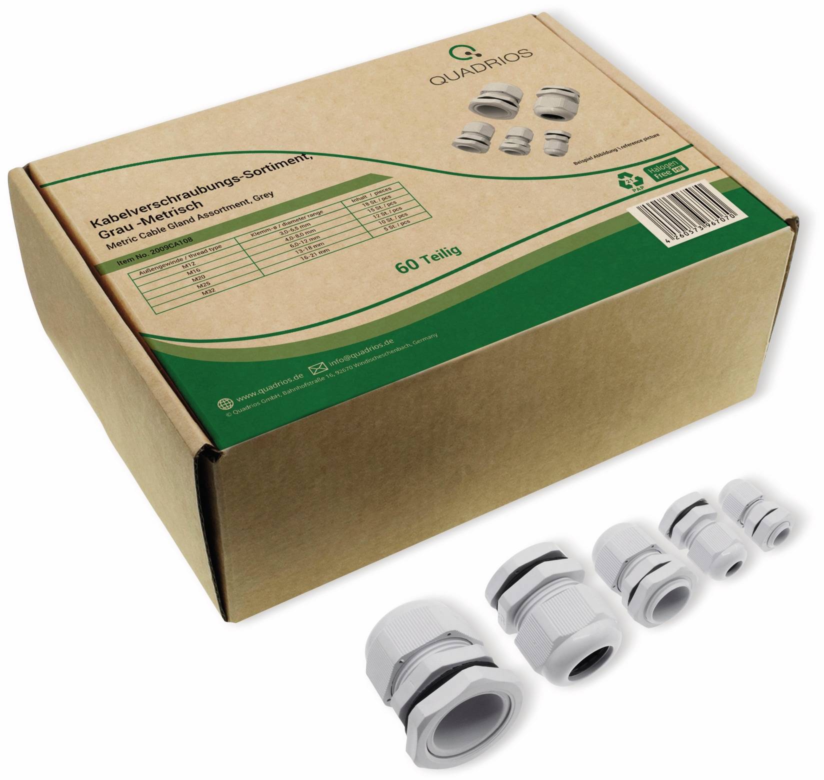 QUADRIOS Kabelverschraubungs-Set 2009CA108, Grau, Metrisch, 60 Stück