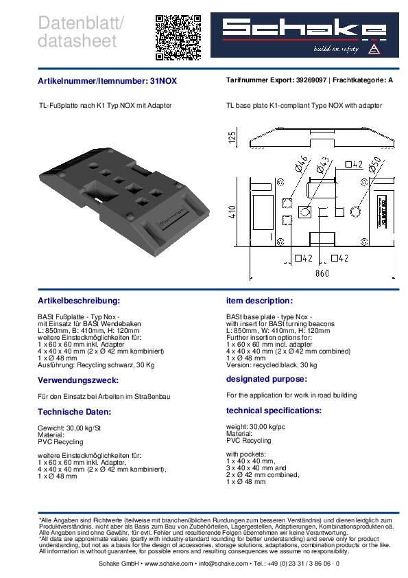 Bakenfußplatte 30kg SCHAKE