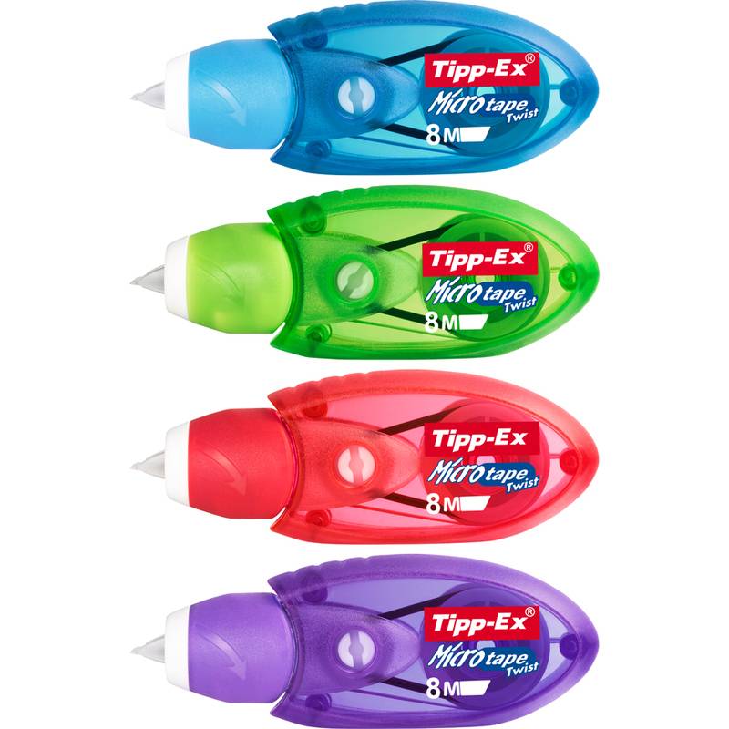 Vier Tipp-Ex Micro Tape Twist Korrekturband-Spender in Blau, Grün, Rot und Lila, jeweils mit einer Beschriftung von 8 m.