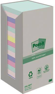 3M Post-it Notizblock-Paket mit einem pastellfarbig gestreiften Stapel aus recyceltem Papier und grünem „100% Recyclingpapier