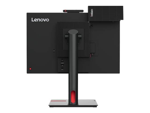 Rückansicht eines Lenovo All-in-One-Desktopmonitors auf einem Ständer, die die Rückseite, den Montagebereich, die Anschlüsse und das oben rechts angebrachte rechteckige Modul zeigt.
