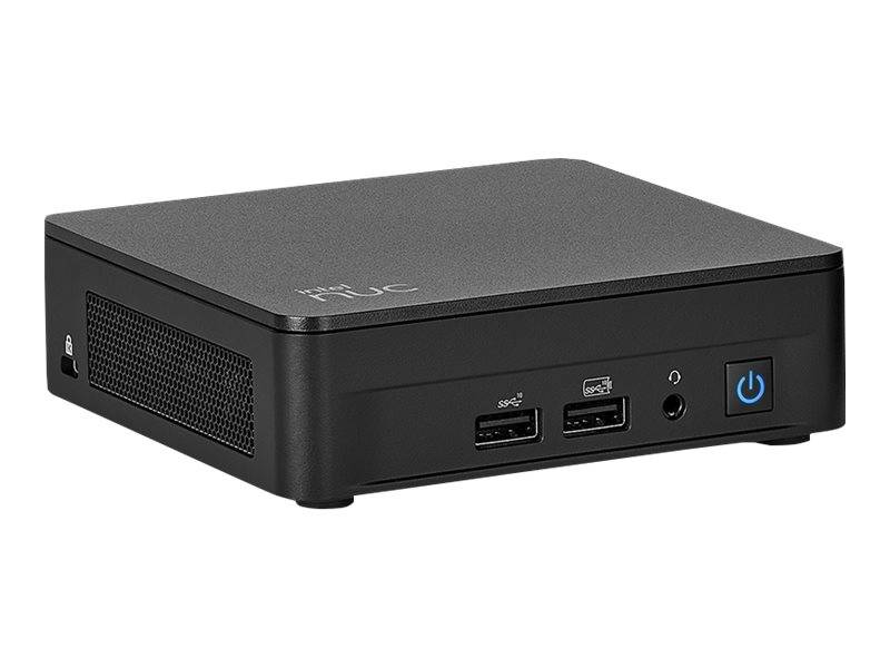 Kompakter schwarzer Mini-PC mit vorderen USB-Anschlüssen, Audiobuchse und beleuchtetem Power-Button auf neutralem Hintergrund.