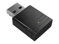 Schwarzer USB-Wireless-Adapter-Dongle mit einer kleinen grünen Anzeigeleuchte, gezeigt auf weißem Hintergrund.