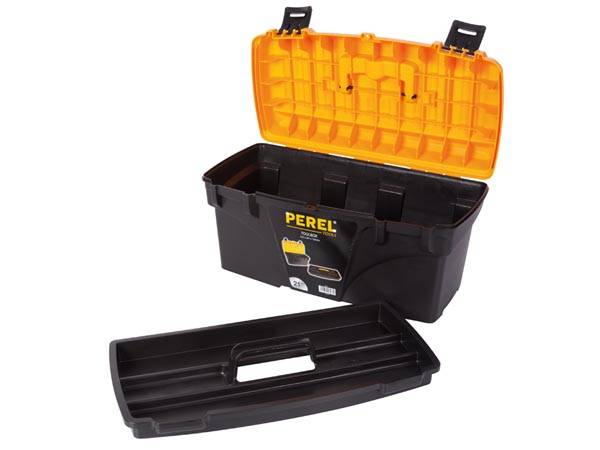 Perel Werkzeugkasten, Polypropylen, herausnehmbarer Werkzeugträger, aufklappbarer Tragegriff, Kunststoffverschlüsse, Schwarz/Gelb, 535 x 291 x 280