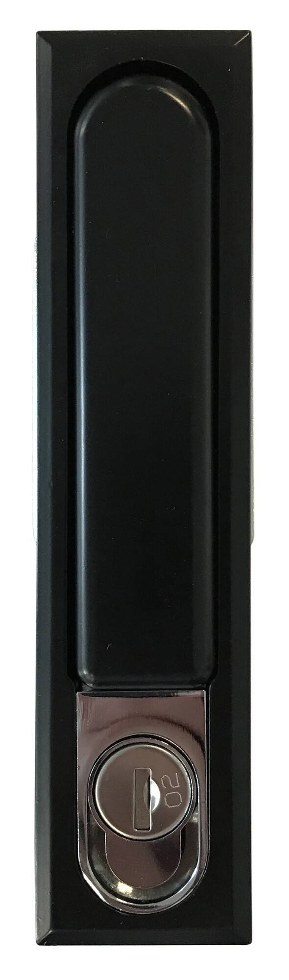 Eine Nahaufnahme eines schwarzen vertikalen Panels mit einer glatten, glänzenden Oberfläche, die detaillierte Kanten und leichte Reflexionen zeigt.