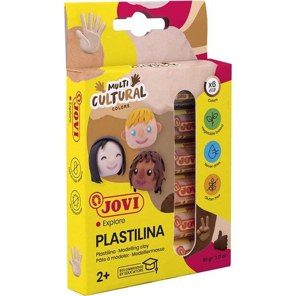 Schachtel Jovi 'Plastilina' Modelliermasse, beschriftet mit 'Multi Cultural Colors', mit 6 Farben und Altersempfehlung ab 2 Jahren.