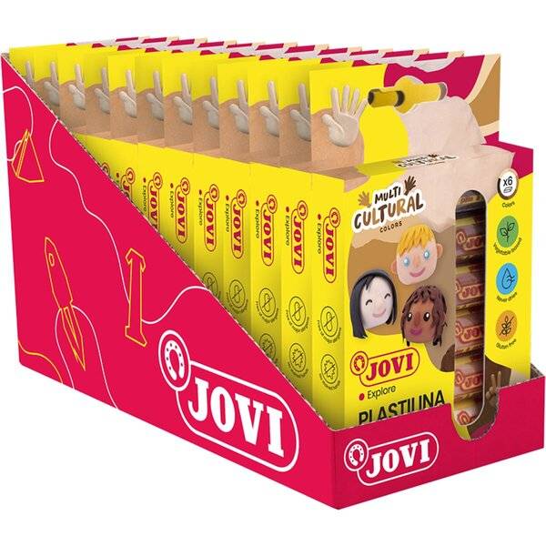 Ausstellungskasten von JOVI Plastilina Modellierton-Stäbchen, 6 mehrfarbige Packungen in einem rosa und gelben Einzelhandelskarton.