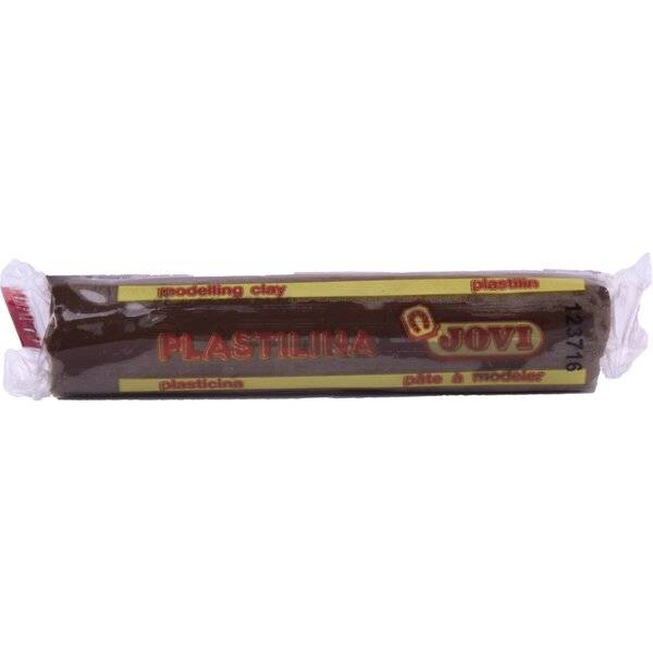 Eingewickelter brauner Block Modelliermasse mit der Aufschrift 'PLASTILINA JOVI' mit englischen, spanischen und französischen Texten
