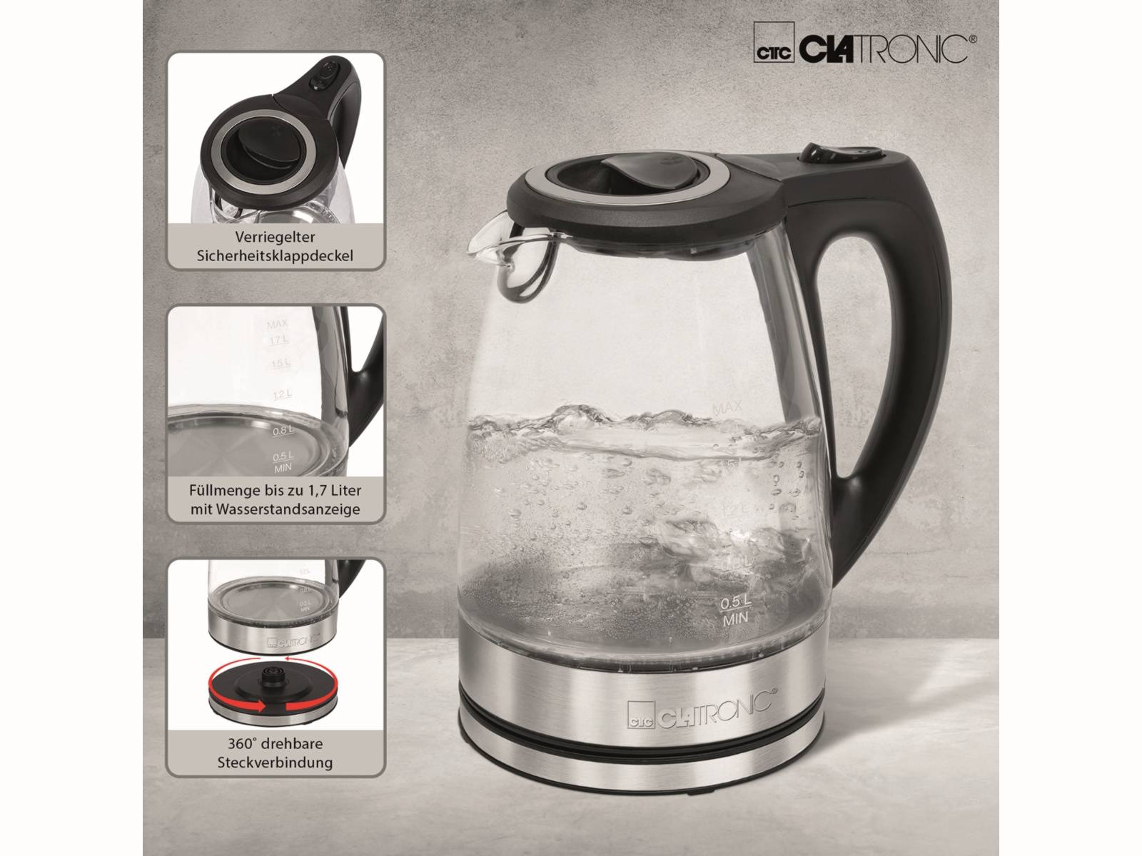 CLATRONIC Wasserkocher WKS 3744 G, 1,7 L, 2200 W, Glas