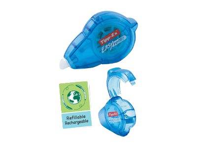 Blauer Tippex Easy Refill Korrekturband-Spender mit nachfüllbarer Patrone und Etikett „Nachfüllbar Wiederaufladbar