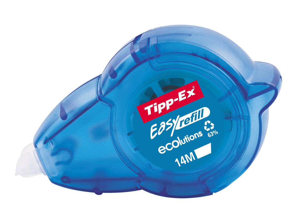 Blauer Tipp-Ex 'Easy refill' Korrekturband-Spender mit der Bezeichnung 'ecolutions' und '14M', auf weißem Hintergrund abgebildet.