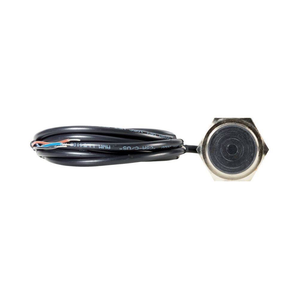Ein sechseckiger Metallsensor mit angeschlossenem schwarzem Kabel für industrielle oder mechanische Messanwendungen.