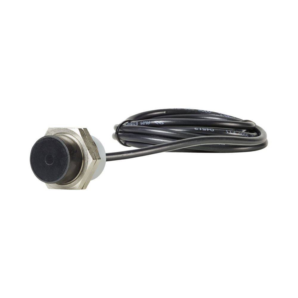 Ein zylindrischer Sensor mit einer schwarzen kreisförmigen Oberfläche und einer Metallbasis, die mit einem schwarzen Kabel verbunden ist. Wird zur Näherungserkennung in Maschinen verwendet.