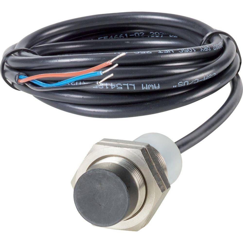 Ein zylindrischer Sensor mit sechseckiger Basis und angeschlossener Verkabelung. Die Drähte sind am Ende freiliegend und zur Verbindung bereit.