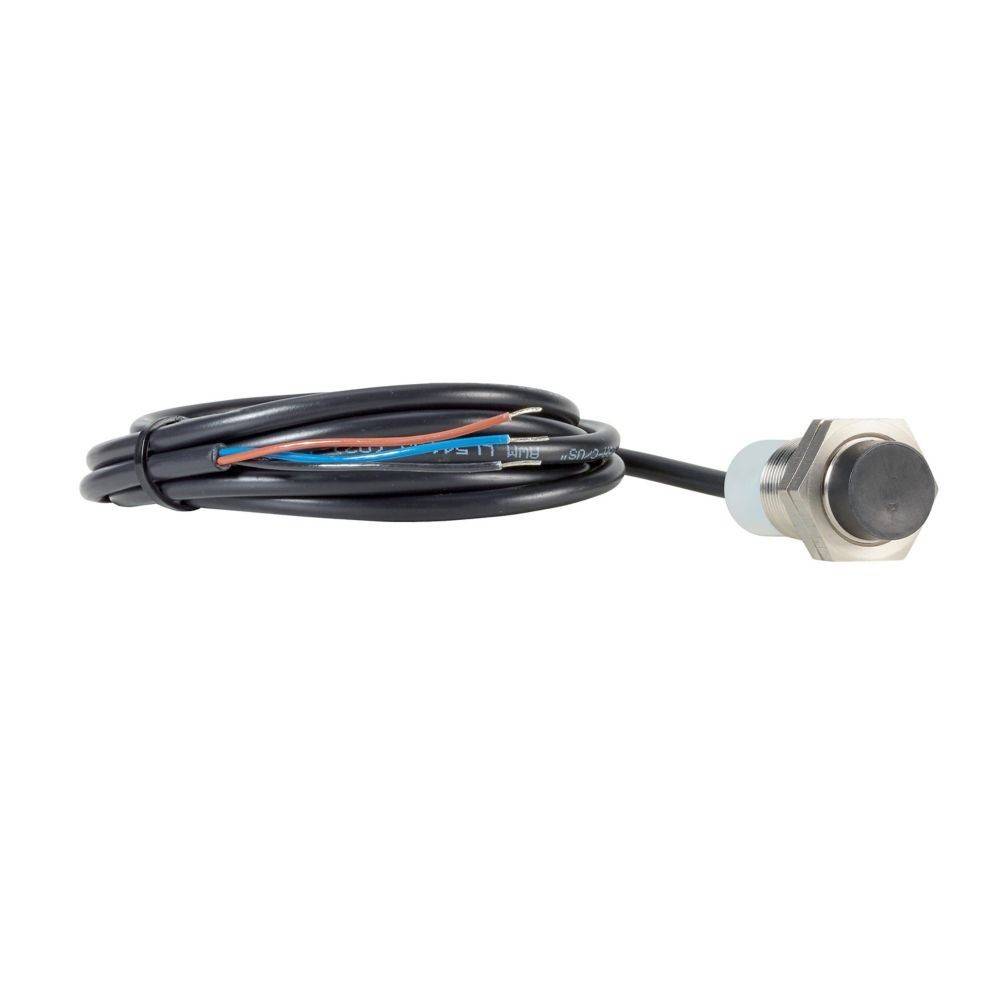 Ein zylindrischer Metallsensor mit einem schwarzen, aufgewickelten Kabel. Der Sensor ist zum Messen oder Erkennen konzipiert, mit mehreren bunten Drähten, die sichtbar sind.