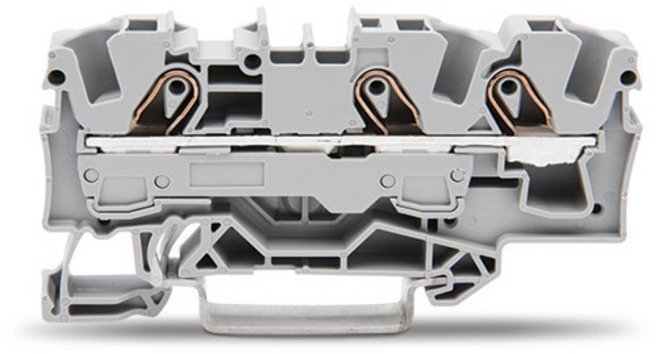 Ein Querschnittsansicht einer elektrischen Komponente zeigt die internen Metallverbinder und die Gehäusegestaltung und betont dabei die präzise Konstruktion.