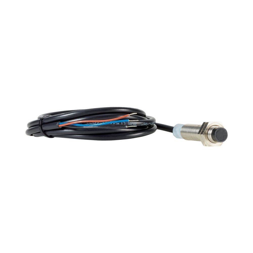 Ein zylindrischer Metallsensor, der an einem schwarzen Kabel mit freiliegenden Drähten befestigt ist.
