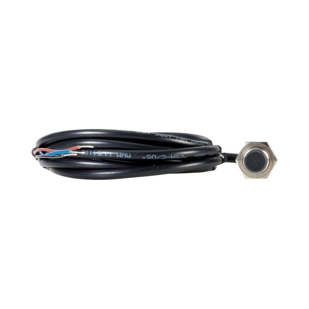 Ein aufgewickeltes schwarzes Kabel mit einem angehängten sechseckigen Sensor oder Anschluss, an dessen einem Ende vier freiliegende Drähte sichtbar sind.