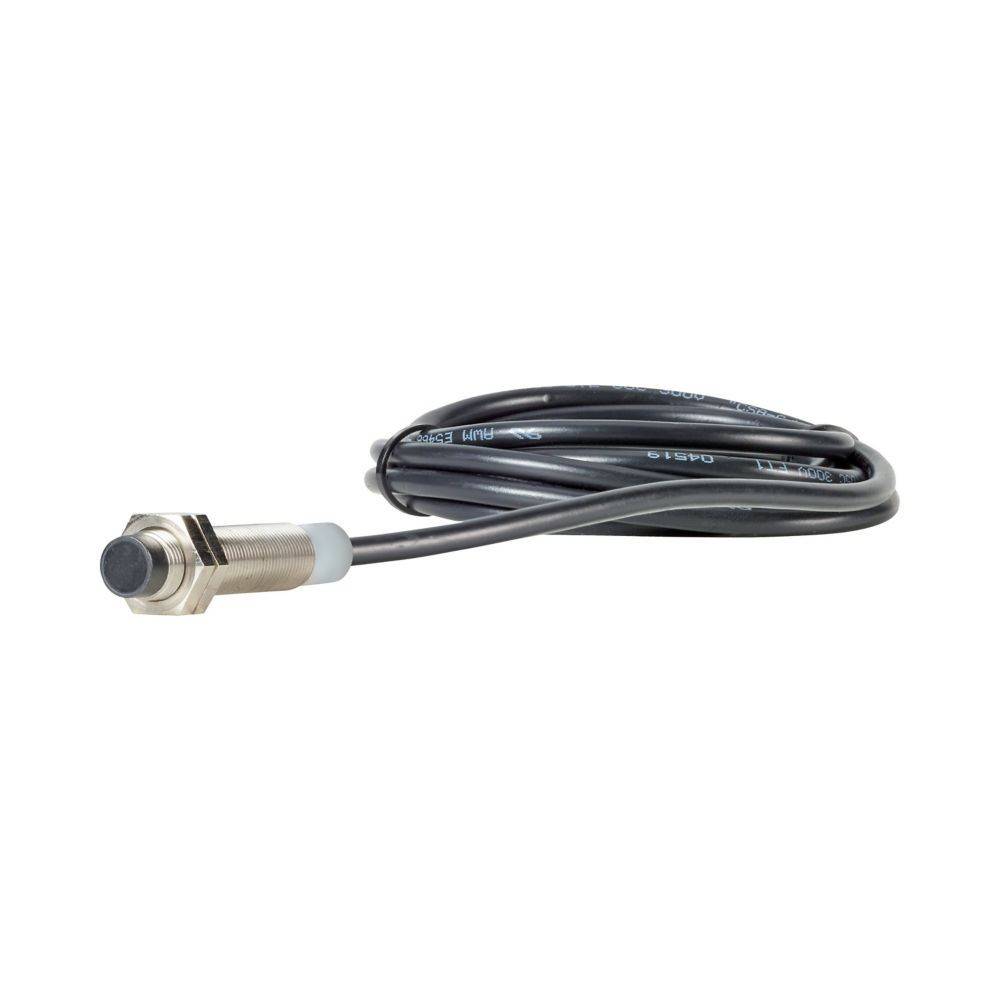 Ein zylindrischer Metallsensor mit angeschlossenem schwarzem Kabel, wahrscheinlich zur Erkennung von Nähe oder Anwesenheit, mit einem Gewinde am Gehäuse zur Befestigung.