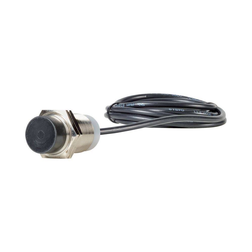 Ein industrieller Sensor mit einem Gewindemetallgehäuse und angeschlossenem Kabel, wahrscheinlich zur Erkennung von Nähe oder Position in Maschinen verwendet.