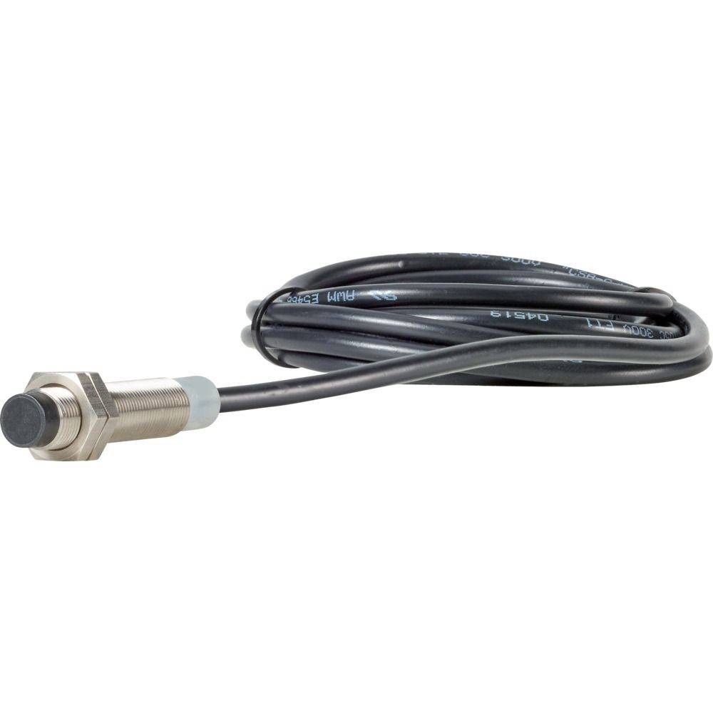 Ein zylindrischer Metallsensor mit einem schwarzen Kabel, der zur Näherungserkennung in industriellen Umgebungen verwendet wird.