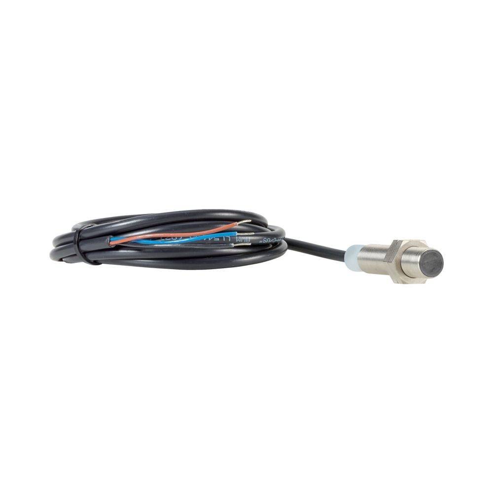 Ein zylindrischer Sensor mit einem verschraubten Gehäuse, der an ein schwarzes Kabel angeschlossen ist, wahrscheinlich für industrielle oder technische Anwendungen, vor einem weißen Hintergrund.