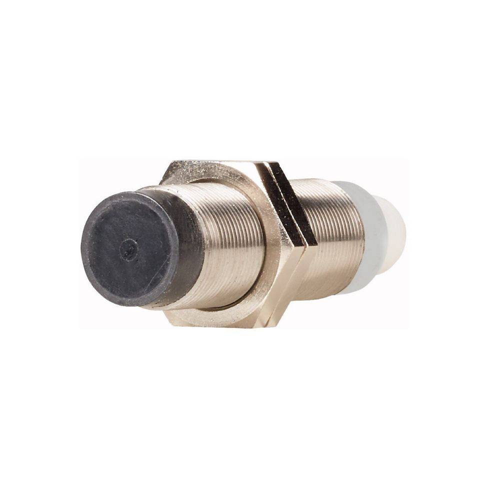 Ein metallischer zylindrischer Sensor mit einem schwarzen Kunststoffende, wahrscheinlich verwendet zur Objekterkennung in industriellen oder Automatisierungsumgebungen.