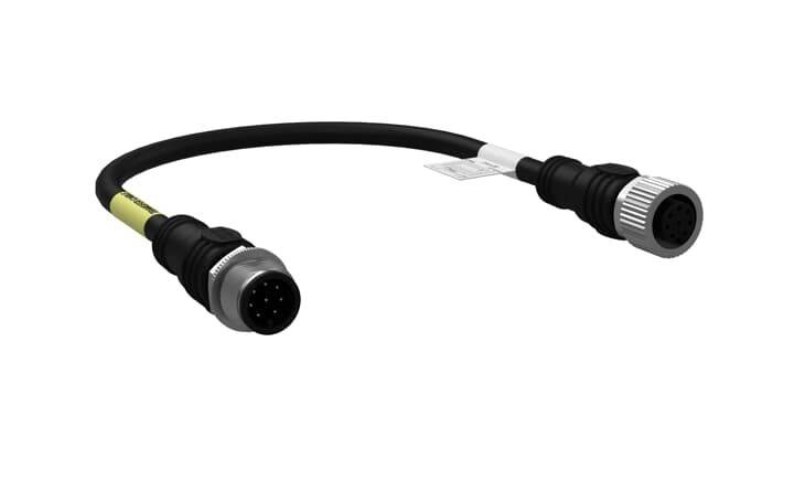 Ein schwarzes Kabel mit silbernen Anschlüssen an jedem Ende ist in einer halbkreisförmigen Form geschwungen.