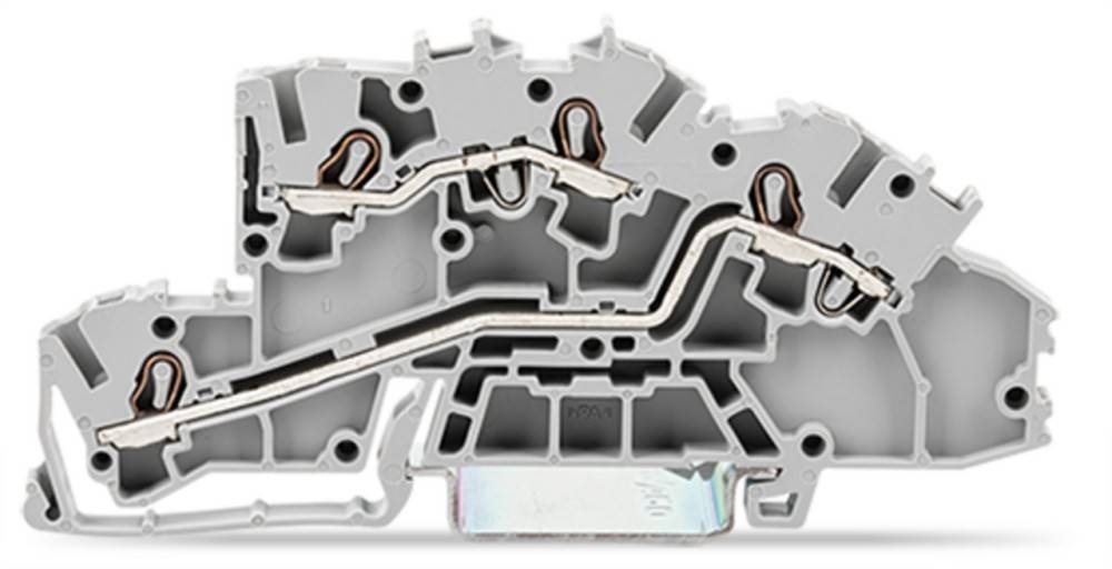 Querschnittsansicht einer komplexen elektronischen Komponente aus Kunststoff und Metall, die interne Leitungswege für elektrische Verbindungen zeigt.