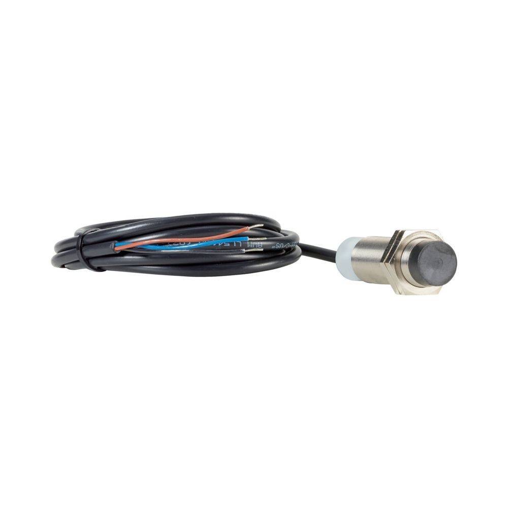 Ein zylindrischer Metallsensor mit angeschlossenem schwarzen Kabel, an dessen Ende freigelegte farbige Drähte sichtbar sind, der zur Messung oder Erkennung von Variablen verwendet wird.