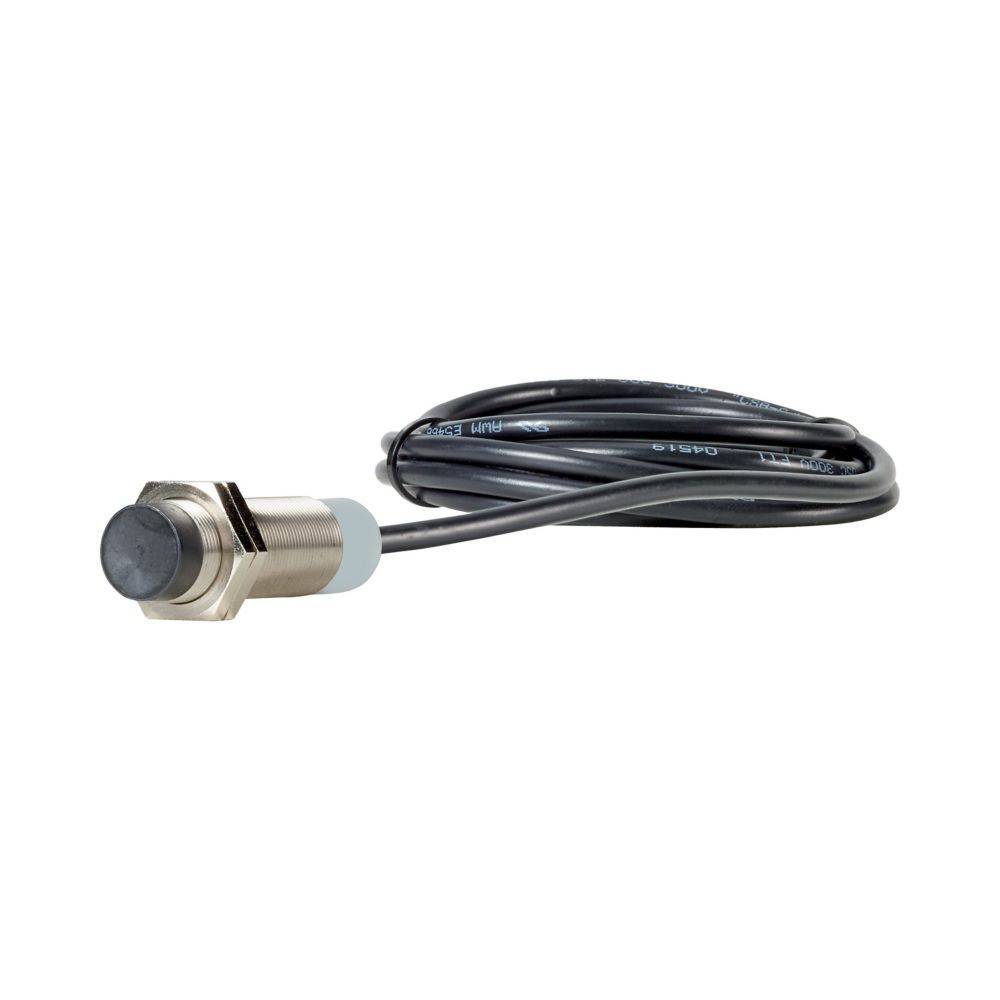 Ein metallischer Sensor mit schwarzer Spitze und angeschlossenem Kabel, der zur Erkennung von Objekten oder Veränderungen in einer Umgebung verwendet wird.