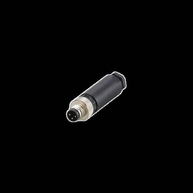 Ein einzelner schwarzer und silberner Audio- oder Videostecker mit einer metallischen Spitze und einem Kunststoffgehäuse, auf schwarzem Hintergrund isoliert.