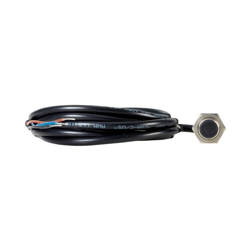 Eine gewickelte schwarze Leitung mit rot und blau gefransten Litzen an einem Ende, die an einem sechseckigen Metallsensor auf der anderen Seite befestigt ist.