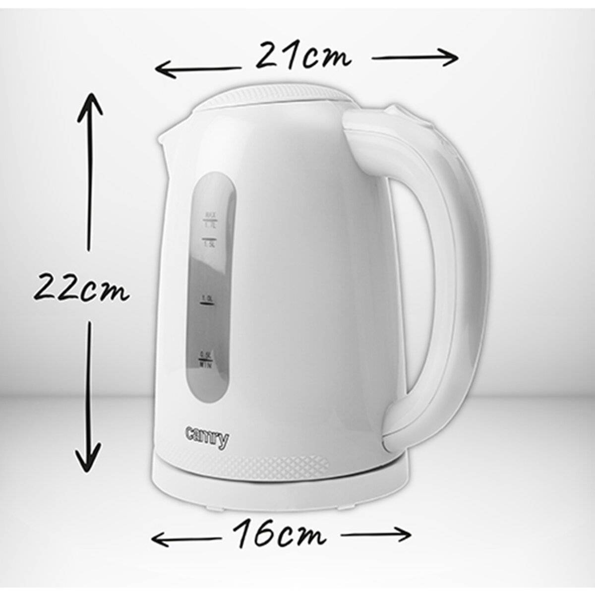 Weißer elektrischer Wasserkocher mit Maßen: 22cm Höhe, 21cm Tiefe, 16cm Breite. Die Seitenansicht zeigt die Wasserstandsanzeige und den Griff.