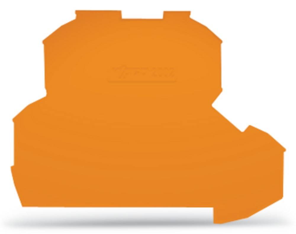 Eine orangefarbene Silhouette einer unregelmäßigen, blockartigen Form vor einem weißen Hintergrund.