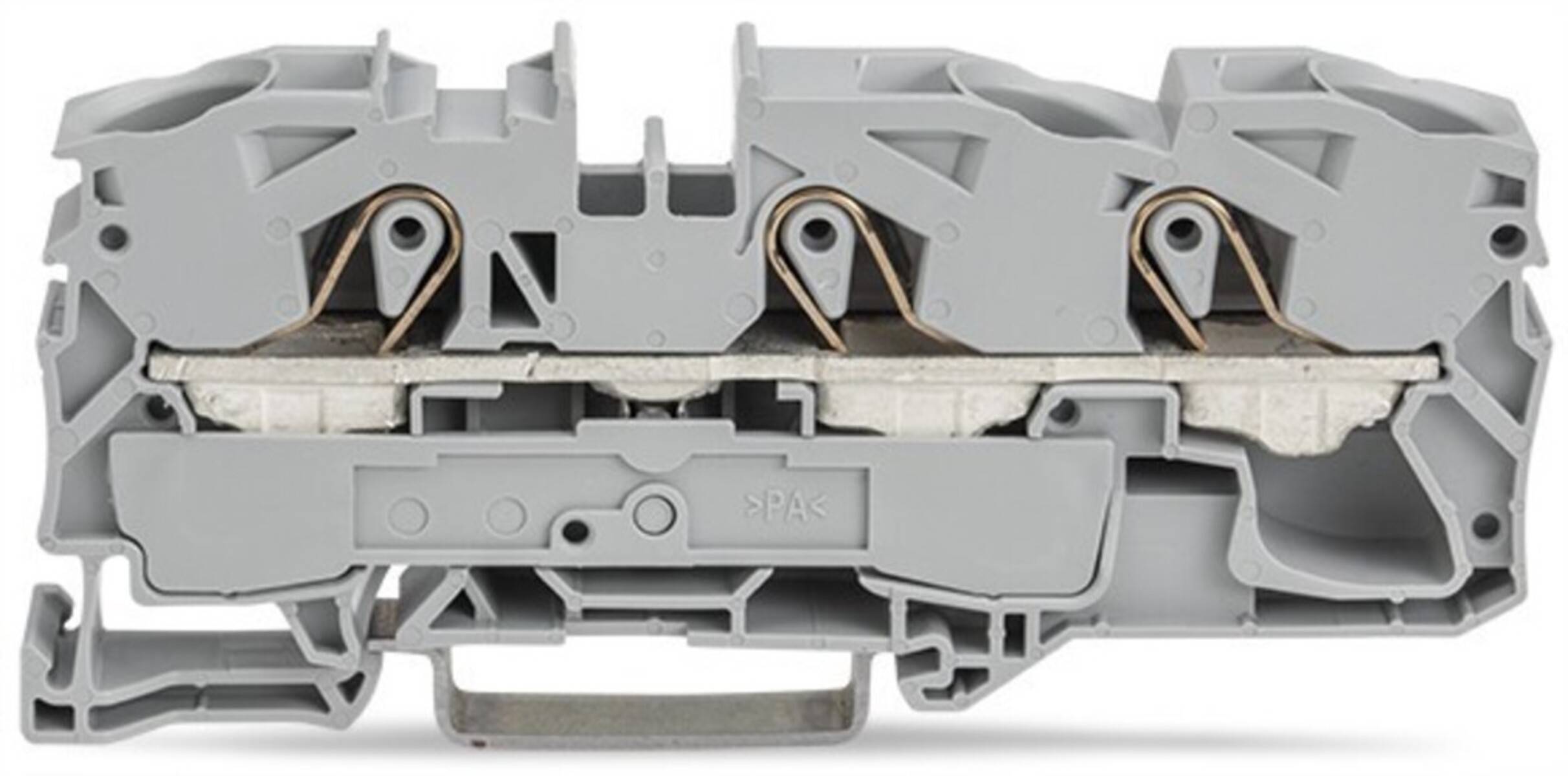 Ein grauer, detaillierter Querschnitt einer mechanischen Komponente, der ineinandergreifende Teile und komplexe innere Strukturen zeigt.
