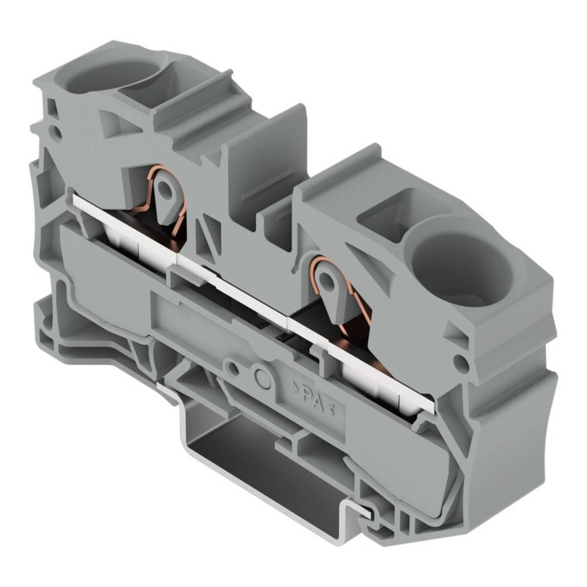 Ein grauer Klemmenblock mit zwei Anschlusspunkten, der einen internen Kupferleiter für elektrische Verbindungen zeigt.