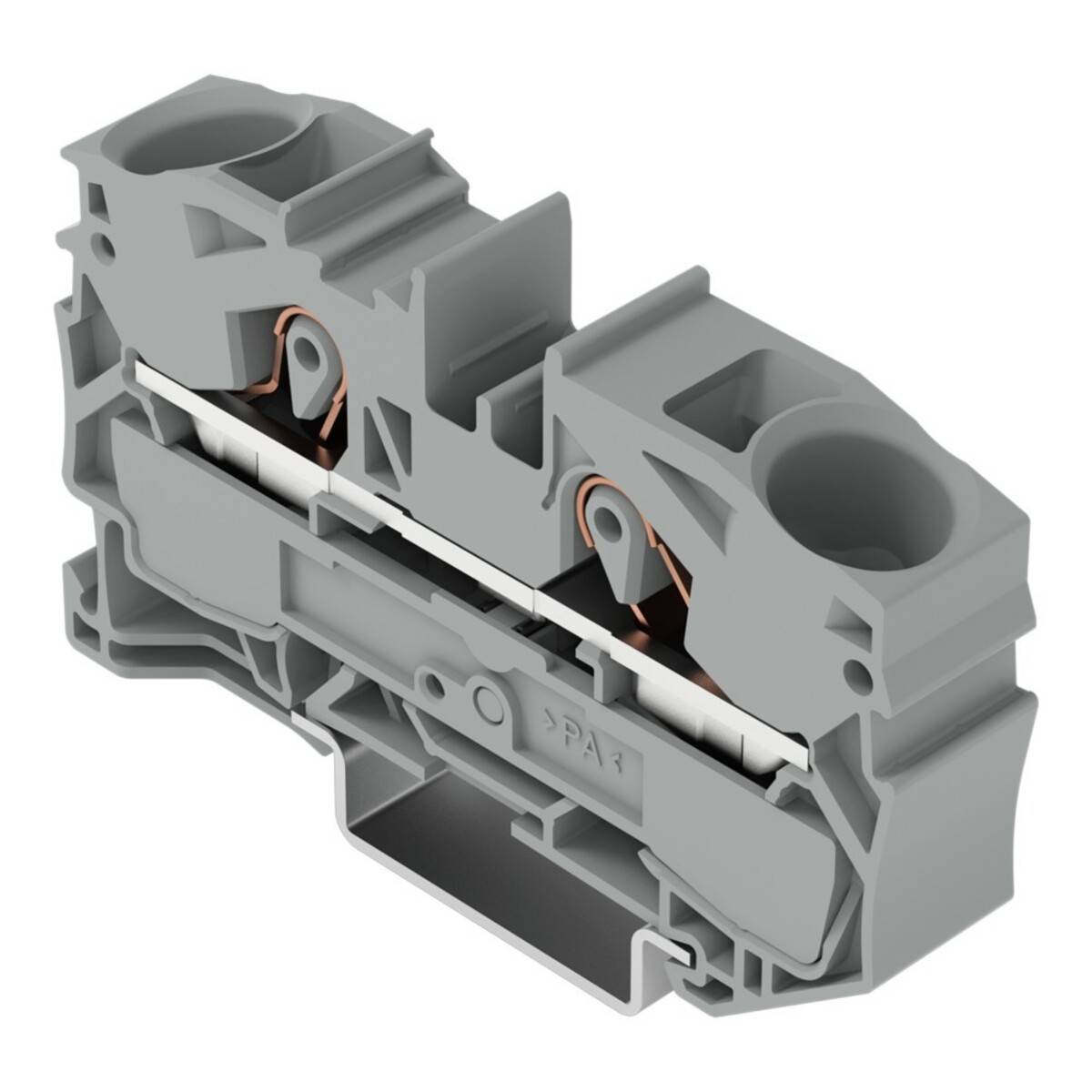 Ein grauer modularer Anschlussblock mit Doppelebenen-Design, ausgestattet mit Kupferverbindungen und einer Befestigungsschiene für Normschienen (DIN-Schiene).