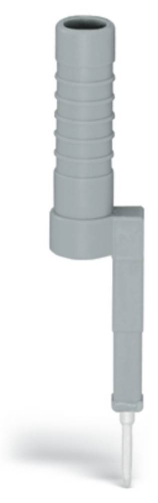 Ein Nahaufnahmefoto eines grauen metallischen Scharniers auf weißem Hintergrund, das einen Teil des Scharniers mit einem zylindrischen Drehpunkt und einer flachen Metallplatte zeigt.