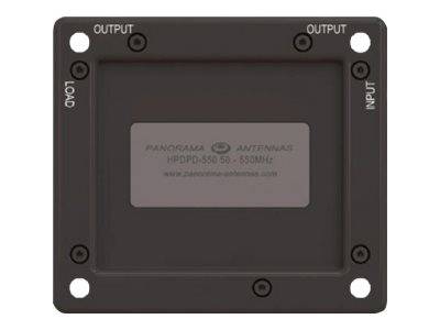 Ein quadratisches Panel mit Beschriftungen 'LAST', 'EINGABE' und 'AUSGABE' an den Ecken, versehen mit einer Plakette von 'Panorama Antennas' mit dem Modell HPDPD-550.