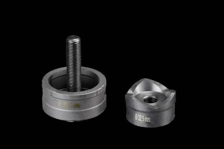 Metallbearbeitungswerkzeug-Set mit zwei Komponenten: eine Kreismatrize mit Gewindeschneidung und Ausgabekennzeichnung 'Ø 32,5 mm' sowie einen passenden Halter.